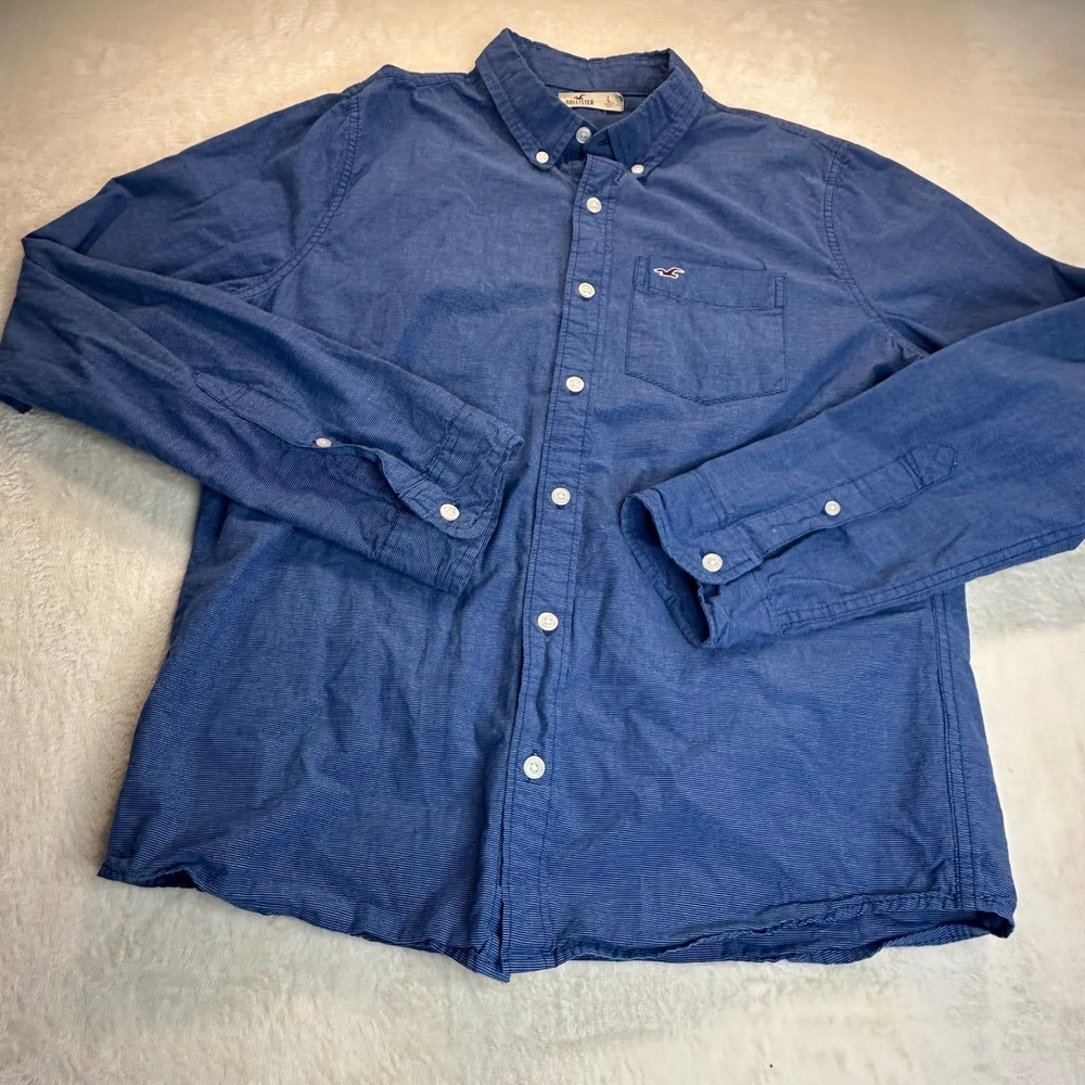 Hollister Mens Blue Micro Stripe Long Sleeve Button Down Shirt Large Pocket Logo